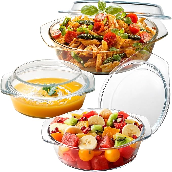 ZYER Round Glass Casserole Dish Set, Glass Casseroles with Lid (Set of 3-1L, 1.4L, 1.7L)