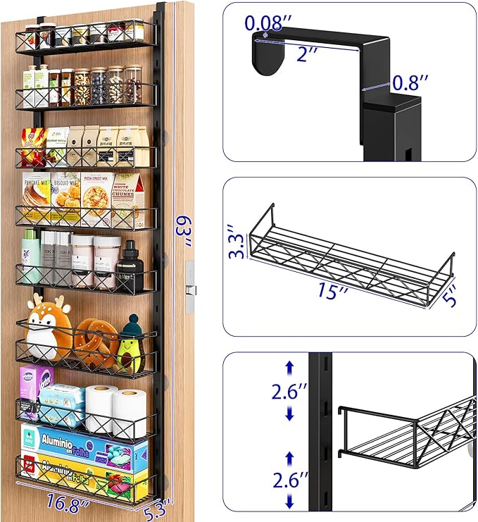 MIAOLI Over the Door Organizer, Black 8-Tier Pantry Door Organizer with Adjustable Basket, Hanging Spice Rack Cabinet Door Shelves, Laundry Room Organization and Storage