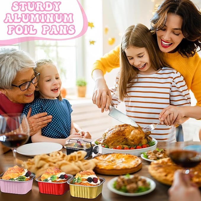 Vesici 100 Set 5 oz Mini Cake Pans with Lids & Spoons Square Aluminum Foil Baking Loaf Pans Disposable Dessert Cups with Stickers for Wedding Birthday Party Picnics, 4 Color
