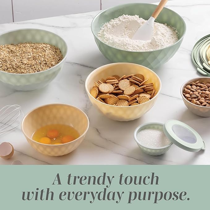 COOK WITH COLOR Mixing Bowls with Lids - 12 Piece Plastic Nesting Bowls Set includes 6 Prep Bowls and 6 Lids, Diamond Design - Microwave Safe (Mint)