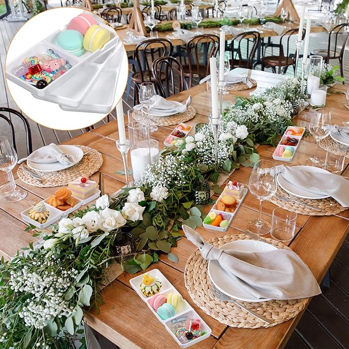 12 Pcs Small White Plastic Appetizer Serving Tray 3 Compartment Serving Dishes Reusable Stackable Sectional Platter Rectangular Divided Split Dish for Restaurant Kitchen Food Candy