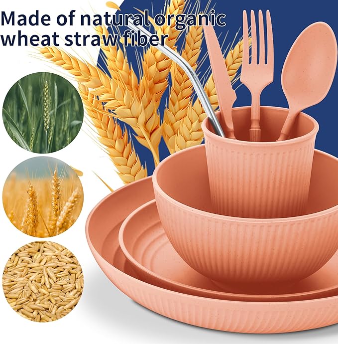 Hommaly Wheat Straw Dinnerware Sets,56-Piece Plates and Bowls Sets for 8-Unbreakable,Reusable Plastic Dish Set-Dinner Plate/Cereal Bowl/Cup/Utensils-Microwave Dishwasher Safe 56P-Oecan Coral