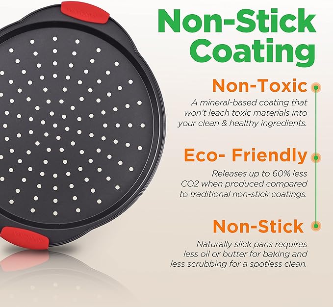 NutriChef Non-Stick Pizza Tray with Silicone Handles, 4-Pack Round Steel Non-Stick Pans with Perforated Holes, Premium Bakeware, Pizza Trays with Silicone and Oversized Handles, Dishwasher Safe