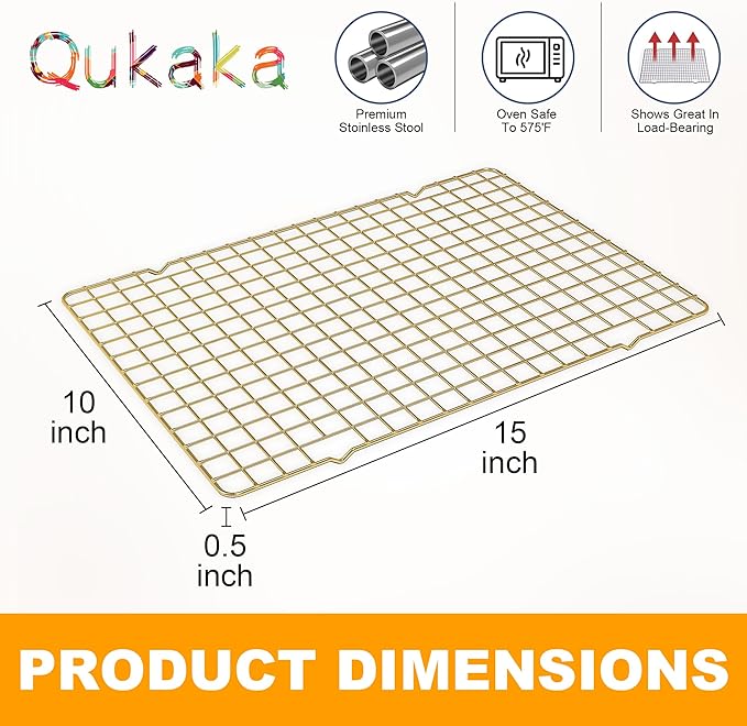 2-Pack Cooling Racks for Cooking and Baking - 10" x 15"Heavy Duty Stainless Steel Wire Rack for Baking, Grilling, Roasting - Oven & Dishwasher Safe - Fits Jelly Roll Sheet Pan(Gold)