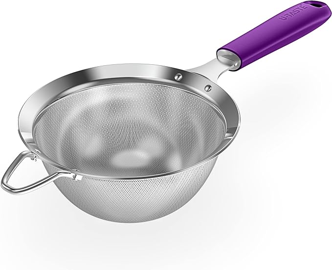 18/8 Stainless Steel Mesh Strainer: U-Taste 5.5 Inch Kitchen Fine Mesh Sieve Food Colander with Riveted Sturdy Silicone Handle and 30 Mesh Hole for Straining Flour, Pasta, Fruit, Quinoa (Purple)
