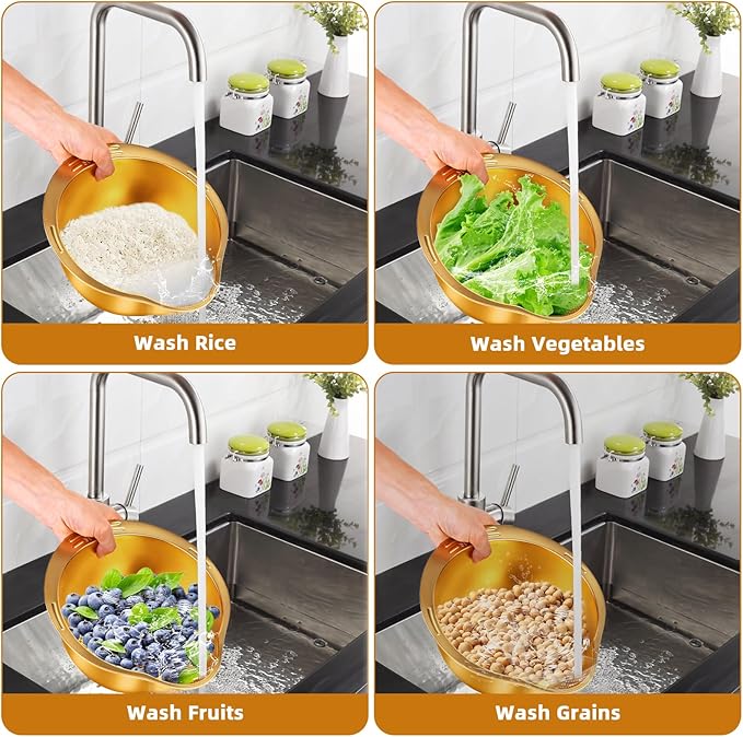 KesaPlan Rice Washer Strainer Bowl, 4-in-1 Washer Bowl Stainless Steel Rice Rinser Strainer Sink Colanders With Side Drainers for Cleaning Fruits, Vegetables, and Beans, Versatile Kitchen Tool
