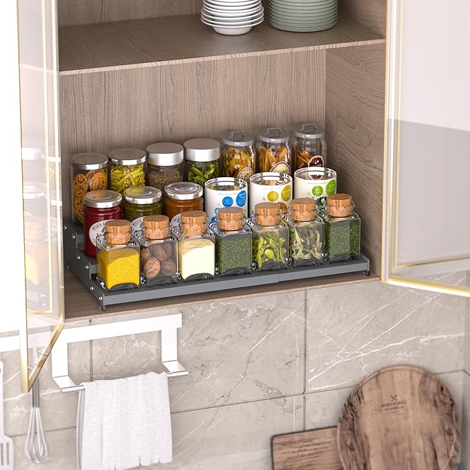 Premium Spice Rack Organizer for Countertops - tiered spice rack organizer for cabinet,spice jars, oil bottles and utensils 1 Pack Grey (modern rust-resistant design)