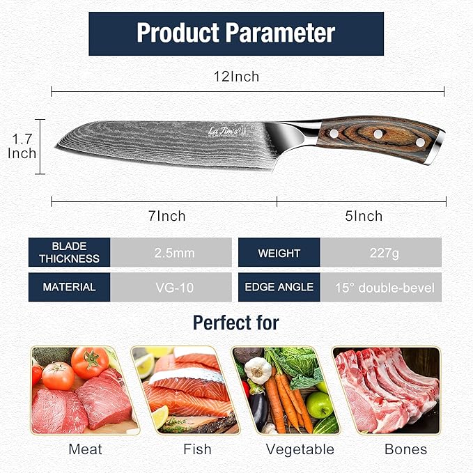 Latim's Professional Santoku Chef Knife 7 inch,Damascus Kitchen Knives Made of Japanese VG-10 Stainless Steel with Unique Pattern,Ultra Sharp Blade and Ergonomic Handle