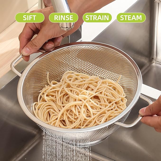 5QT Metal Colander with Handle, Large Stainless Steel Strainer for Kitchen, Mesh Strainer for Washing Pasta, Spaghetti, Fruit, Vegetable, Rice Washer, Fast Draining, Dishwasher Safe