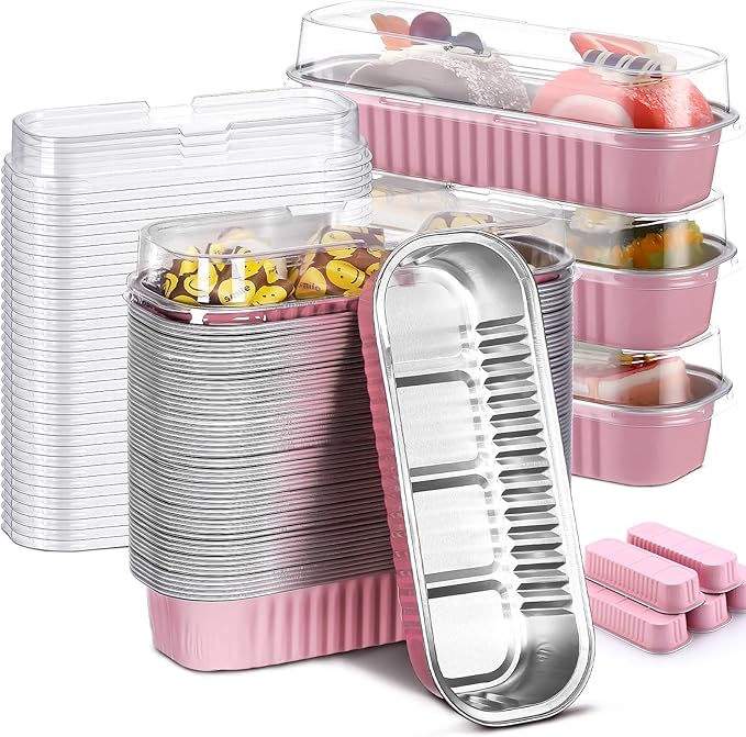 Qunclay 200 Pcs Aluminum Foil Mini Loaf Pans with Lids 6.8 oz Disposable Mini Cake Pan with Lid Rectangle Baking Cups for Fall Halloween Thanksgiving Party Muffin Cheesecake Ramekins (Pink)