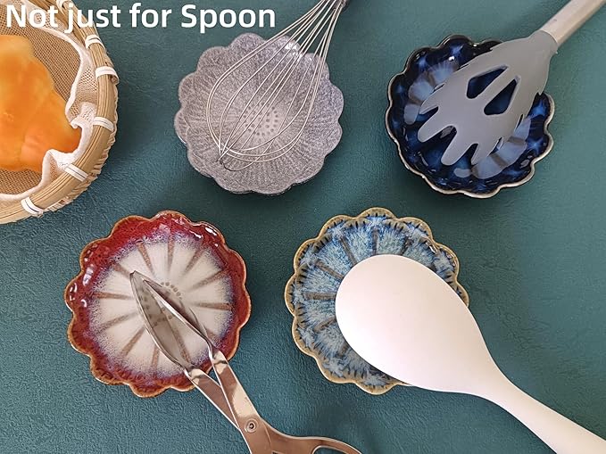 Ceramic Spoon Rest for Stove Top, Flower Cute Spoon Rest for Kitchen Counter, Cooking Spoon Holder for Kitchen Counter, Utensil Rest Spatula Rest Ladle Holder Tong Rest, 1 PC (Retro, Red)