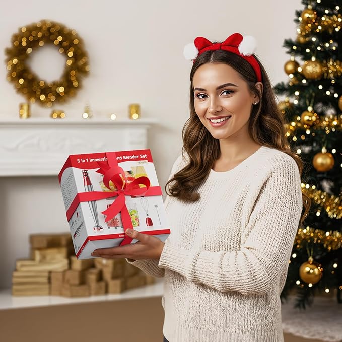 Immersion Blender Handheld Corded Hand Blenders Set 1100W, Trigger Variable Speed 5 in 1 Stick Emulsifier with Chopper, Whisk and Frother for Soup, Baby Food and Smoothies, Red