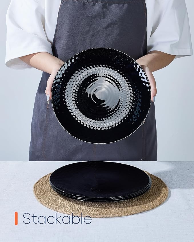 10.5 inch Dinner Plate Set of 6, Light and Durable Opal Glass Black Geometric Faceted Dinnerware Plates, Dishwasher and Microwave Safe