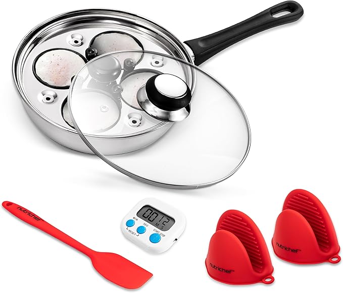 NutriChef Egg Poacher Pan Set - 7.87” Stainless Steel Poached Egg Cooker with 4 Non-Stick Poaching Cups, Glass Lid, Timer, Oven Mitt, and Spatula for Perfect Poached Eggs, Induction Compatible, Silver