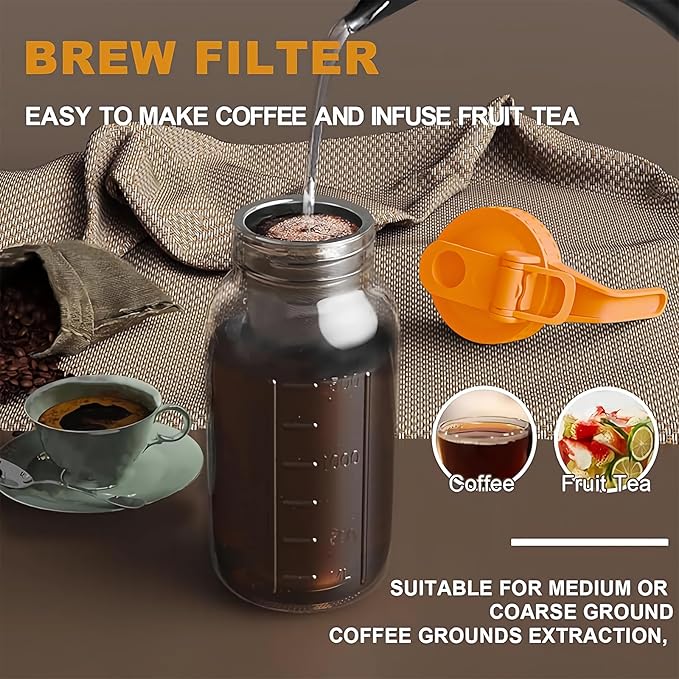 Cold Brew Coffee Maker Jar - 64oz Thick Glass Multipurpose Mason Pitcher Spout Lid with Handle & Stainless Steel Filter for Iced Coffee, Lemonade, Ice Tea, Homemade Fruit Drinks Container
