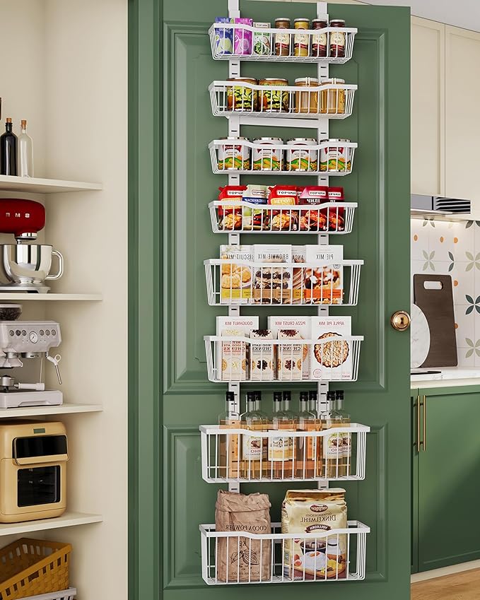 Over The Door Organizer,8-Tier Over The Door Pantry Organizer with Adjustable Baskets,Metal Hanging Pantry Organizers and Storage for Kitchen, Back of Door Seasoning Rack (White)