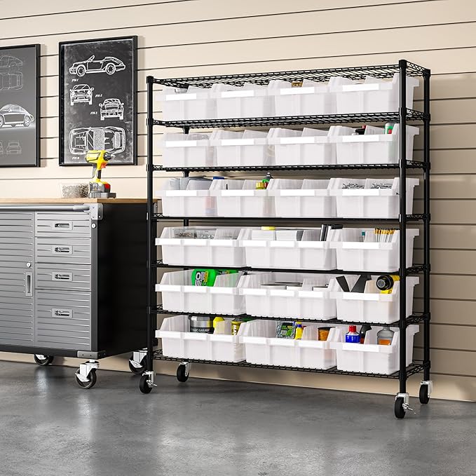 Seville Classics Heavy Duty NSF Bin Rack Solid Steel Wire Shelving Storage Unit, Patented Organizer for Garage, Warehouse, Office, Restaurant, Classroom, Kitchen, Translucent, Includes 21 Bins