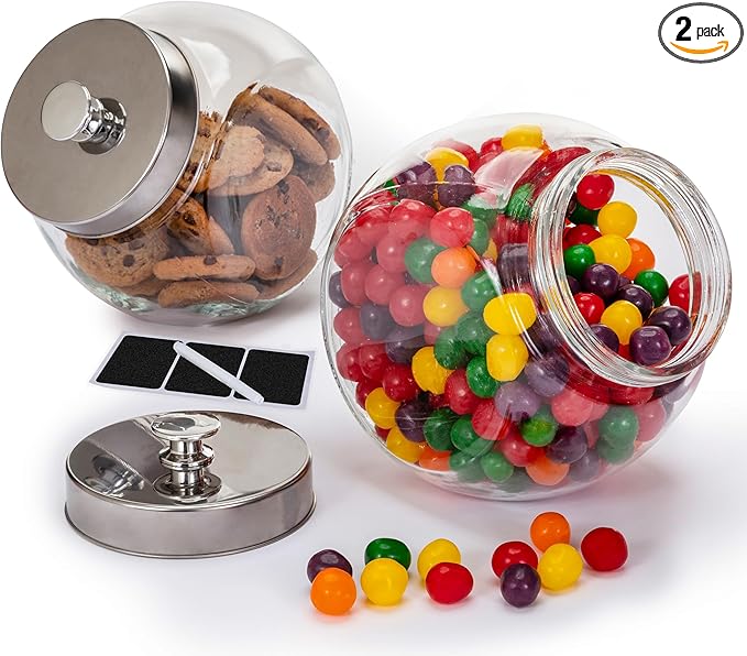 Set of 2 Large Glass Cookie Jars for Kitchen Counter + Marker & Labels - 1 Gallon Food Storage Canisters with Airtight Lids, Coin & Penny Jar for Candy Buffet, Coffee, Laundry Detergent Holder.