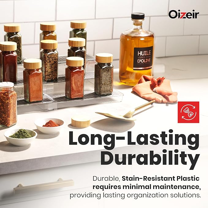 Expandable Spice Organizer Rack - 3-Tier - Clear Adjustable Tiered Shelf Spices Organization for Kitchen Cabinet and Pantry Storage