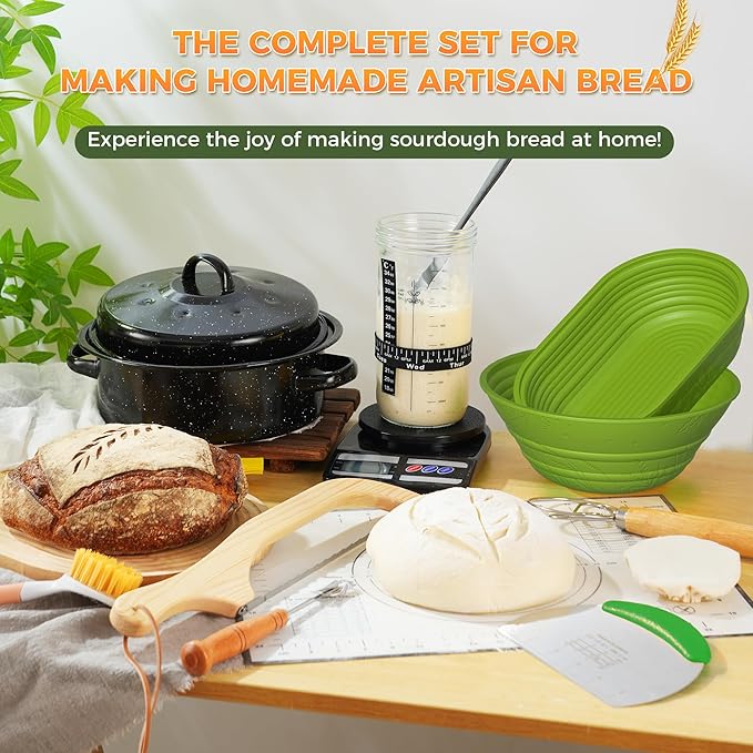 Sourdough Bread Baking Supplies 34 oz Sourdough Starter kit with Pot, 2 Silicone Bread Proofing Baskets, and Bread Making Tools Kit - Green