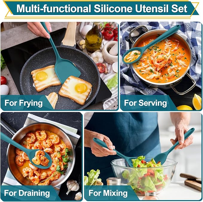 P&P CHEF Kitchen Utensil Set, 4 Pieces Non-stick Silicone Cooking Utensils, Heat-resistant Slotted Solid Spoon Turner for Frying, Mixing, Serving, Non-toxic & Easy to Clean, Blue