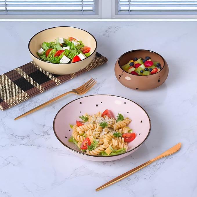 Esfour 8 Inch Porcelain Pasta Bowl, 16 Ounce Salad Bowls, Microwave & Dishwasher Safe, Sturdy & Stackable, Set of 6 Ceramic Bowl Plate Set, Wide Shallow Salad Bowls, Blossom Assorted Colors