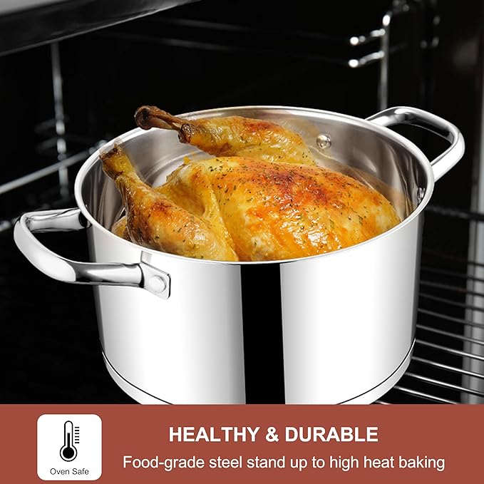 E-far Stainless Steel Stock Pot, 8 Quart Tri-ply Base Cooking Pot with Glass Lid, Induction Soup Pot Compatible with All Stoves, Nontoxic & Thick Bottom, Oven & Dishwasher Safe