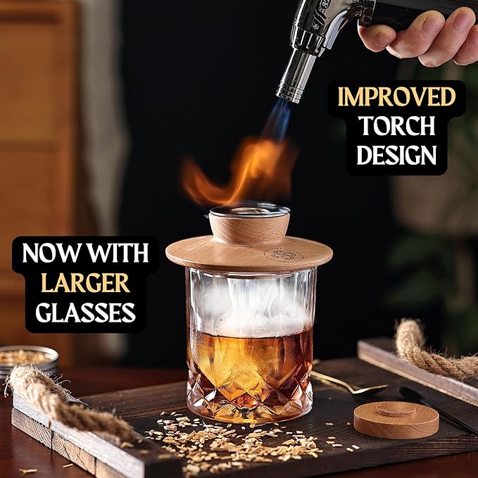 Whiskey Smoker Kit - Cocktail Smoker Kit with Torch, 2 Whiskey Glasses, 2 Ice Ball Makers, 6 Flavors Wood Chips - Old Fashioned Smokers - Bourbon Drink Smoking Set - Whiskey Accessories Gifts for Men