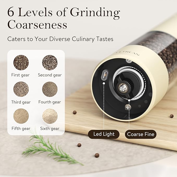 Ultrean Electric Pepper Grinder, Rechargeable Salt and Pepper Grinder with 6 Adjustable Coarseness, LED Light, One-Hand Automatic Operation, Brown&Cream