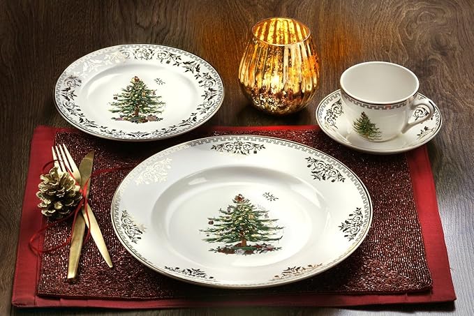 Spode Christmas Tree Gold 4-Piece Holiday Dinnerware Set - Fine Earthenware Tableware with 22K Gold Accents - Dinner Plate, Salad Plate, Teacup, Saucer - Festive Christmas Tableware, Dishwasher Safe