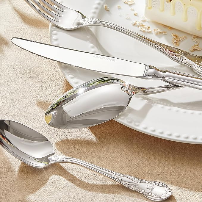KINGSTONE Vintage Silverware Set, 40-Piece 18/10 Stainless Steel Silverware Set for 8 with Floral Handles, Design Mirror Polished, Utensil Sets for Home Restaurant Wedding,Dishwasher Safe