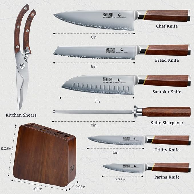 8 Pieces Knife Set with Magnetic Block, Ultra-Sharp High-carbon Steel Kitchen Knife Set, Professional Knife Block Set with Ergonomic Wooden Handle & Sharpener