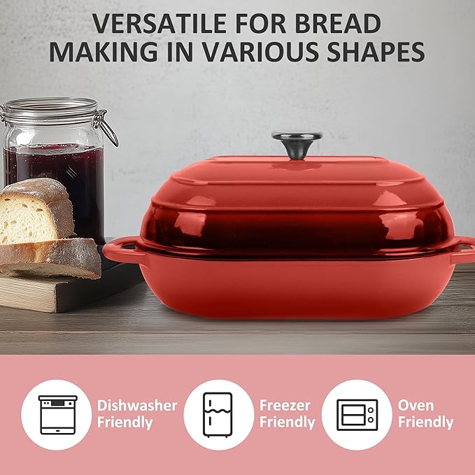 Premium Enameled Cast Iron Dutch Oven for Bread Baking | Non-Stick 5QT Oval Bread Oven with Lid | Perfect for Sourdough, Loaf, and Artisan Baking (Red, 5 QT)