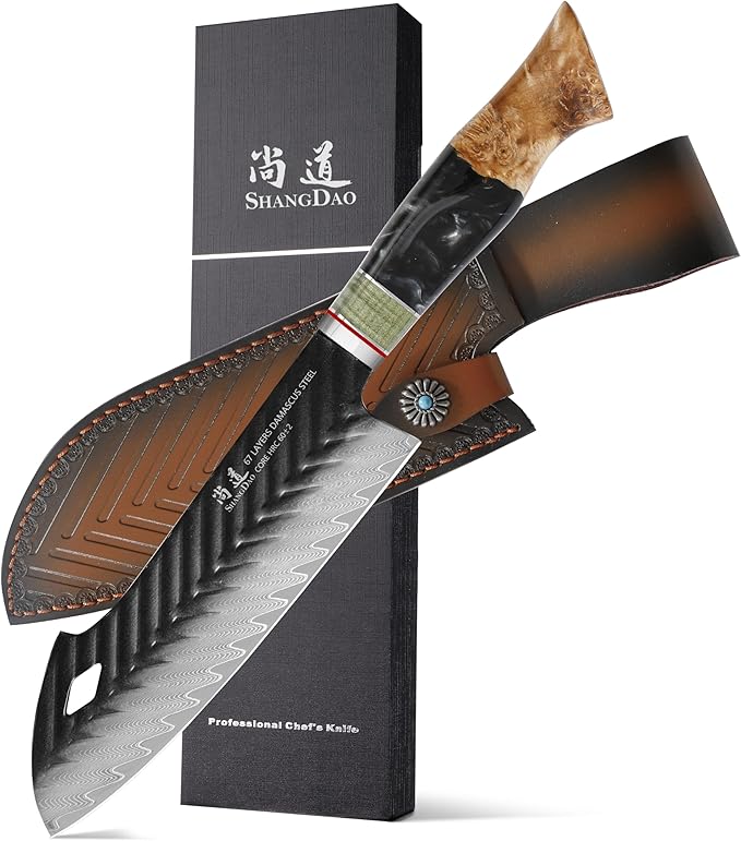 SHANGDAO Damascus Santoku Knife 7.5 Inch, 67 Layers Alloy Steel, With Professional Hand Forged Resin & Wood Handle QILIN Series