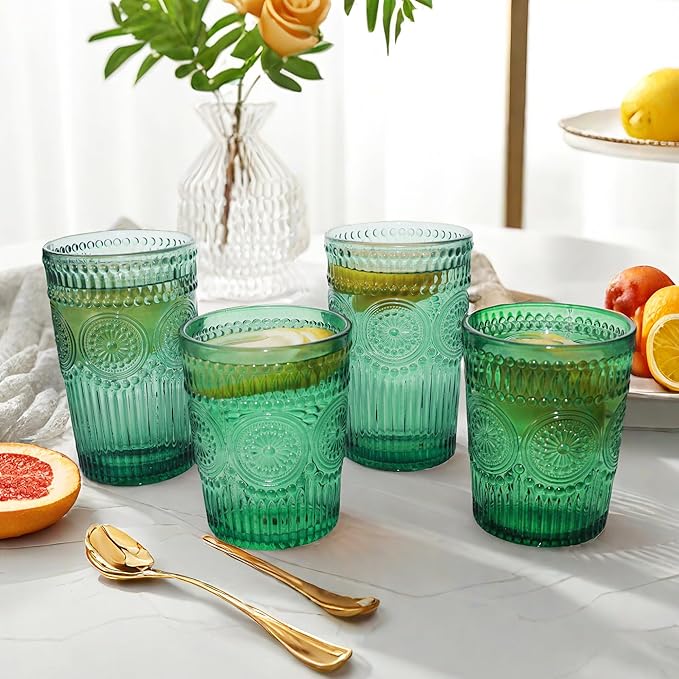 12pcs Vintage Drinking Glasses Set, 12 oz Highball Glasses & 9 oz Embossed Ribbed Glassware Cups for Cocktail, Water, Juice, Coffee, Whiskey (Atroviens)