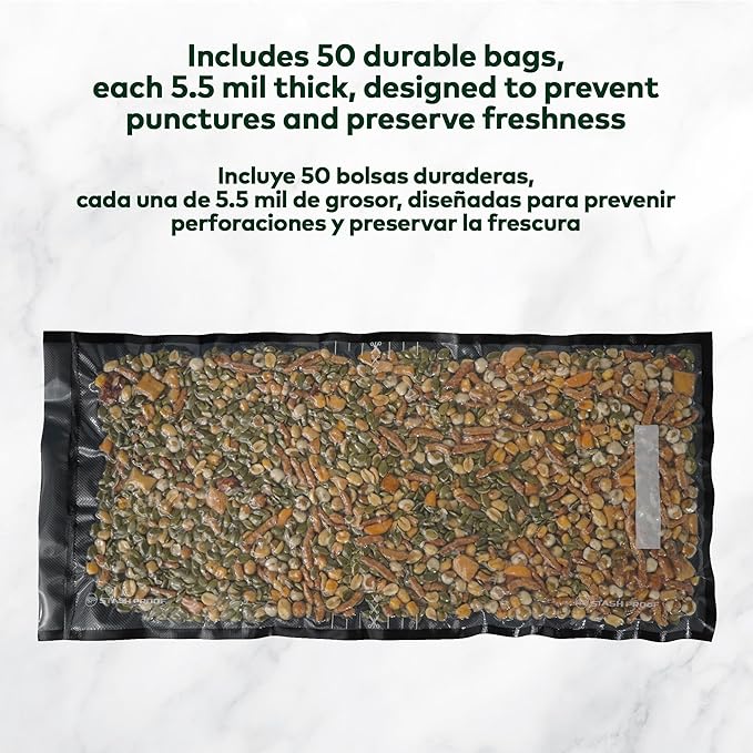 Vacuum Seal Bags 11" x 24" (50 Count) 5.5 Mil, Black and Clear- BPA Free Commerical Grade Food Saver for Storage, Sous Vide, and Meal Prep Sealer Bag