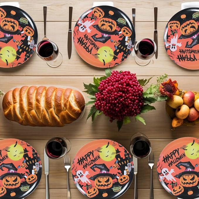 10-Inch Halloween Melamine Dinner Plates, 12-Piece Dishes Set, Lightweight & Stackable for Holidays& Decor Party plates, Ideal for Salad,Dessert,Fruit and Cakes-Halloween Pattern
