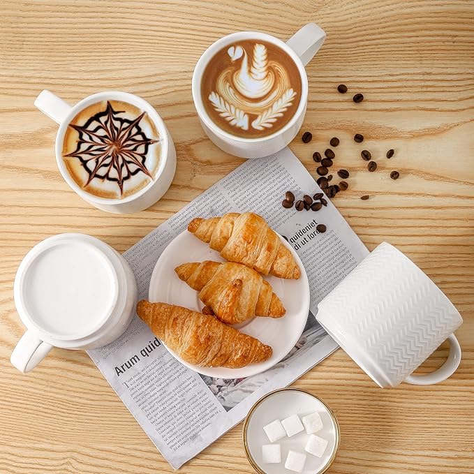 Hasense Coffee Mugs Set of 4 with Stand, 15 oz Porcelain Stackable Coffee Cups Set with handle for Tea, Latte, Milk and Cappuccino, White Embossed Tea Cups Set with Geometric Pattern for Men and Women