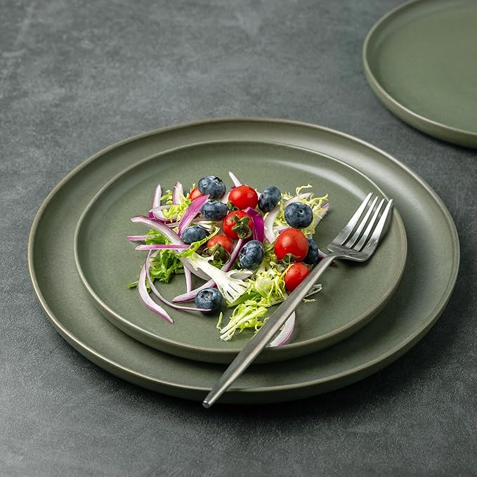 AmorArc Ceramic Dinner Salad Plates Set of 6, Wavy Rim 8.5 Inch Dish Set, The Dessert,Salad, Appetizer, Small Dinner etc Plate,Microwave, Dishwasher Safe, Scratch Resistant - Reactive Matte