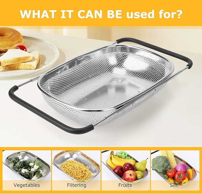 ZDRongZhen Kitchen Accessories Over the Sink Colander Strainer Basket,Stainless Steel Colander with Expandable Rubber Grip Sink Drainer-Rinse Vegetables Fruits &Strain&Drain (Large-Dense round hole)