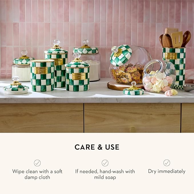 MACKENZIE-CHILDS Medium Enamel Canister, Kitchen Storage Container with Lid, Green-and-White Emerald Check