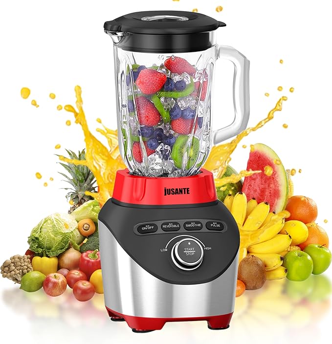 Professional Blender with 1200 Watts and 64 oz Glass Jar Kitchen Countertop Blender for Shakes and Smoothies with High Speed Crushing Smoothie Blender Red for Smoothies Frozen Drinks