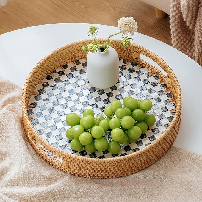 13.8 in Round Rattan Serving Tray with Handle, Mother of Pearl Tray Wooden Base, Decorative Wicker for Table, Kitchen Island & Home Decor (Black Checkerboard)