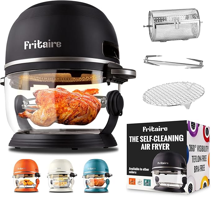 Non Toxic Air Fryer™ - Glass AirFryer 5 Quart w/ 360 Visibility, Self-Cleaning, 400F Vortex Air Fryer for Even Cooking, BPA-Free Teflon Free, 6-in-1 Functions, Rotisserie, Roast, Bake, Black