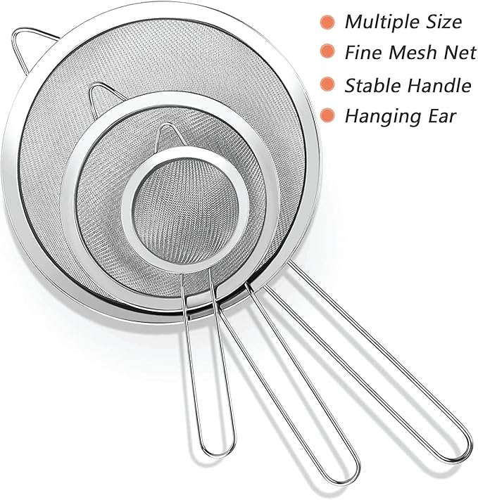 3 Fine Mesh Strainers Set with Handle for Kitchen - Sizes 7", 4.7", 3.3", Easy Clean 304 Stainless Steel, Comfortable Non-Slip Grip. Ideal for Tea, Coffee, Rice, Quinoa, Veggies & Fruits