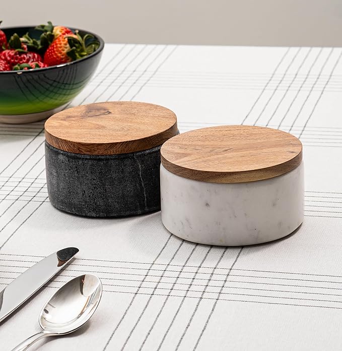 Cork & Mill Grey Marble Salt Cellar with Acacia Wood Lid and Spoon - Elegant Modern Salt Container for Countertop - Handcrafted Pepper Pot - Wide 4” Pepper Holder with Non-Skid Feet