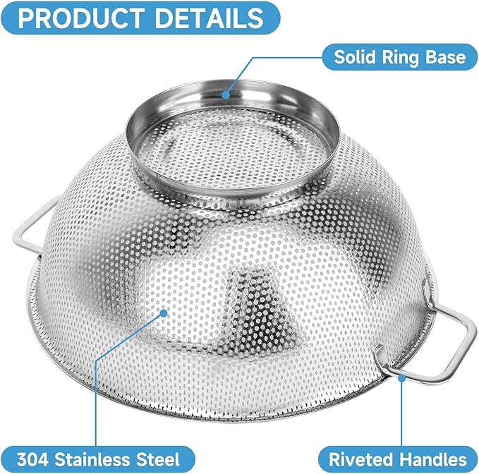 3PCS Colander for Kitchen, 3QT & 4QT & 5QT, Stainless Steel Colander Strainer with Handle for Fruits Vegetables Cooking Food, Dishwasher Safe