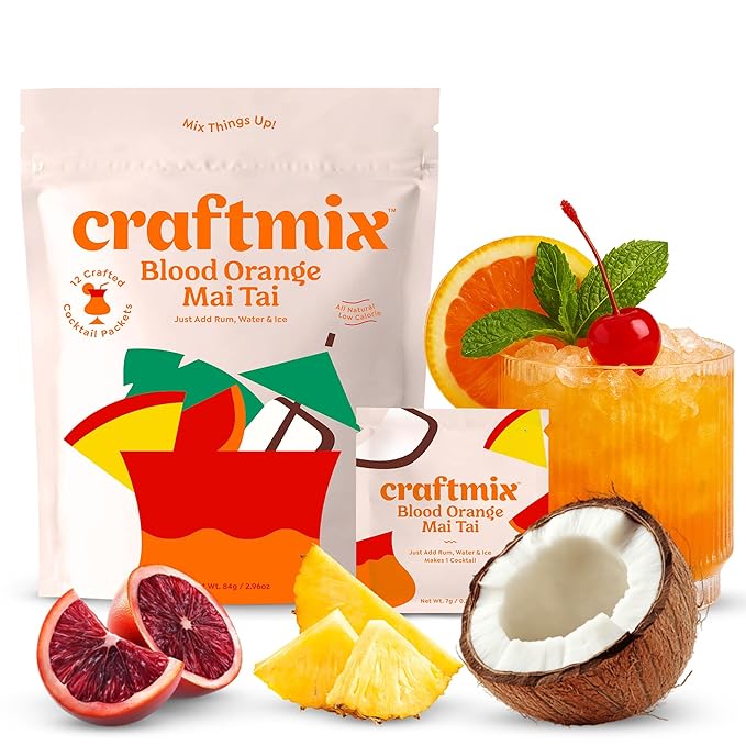 Craftmix Blood Orange Mai Tai, Makes 12 Drinks, Skinny Cocktail Mixers, Instant Mix Mocktail Kit, Real Fruit, Vegan Low-Carb Non-GMO, Dairy Free, Gluten-Free, Easy to Mix
