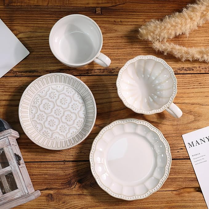 12 OZ Latte Cup with Saucer, Cappuccino Cup Vintage Cafe Art Cups for Espresso Turkish Coffee, Farmhouse Latte Mugs Tea Cups and Saucers Porcelain Set for Christmas Thanksgiving Day Gift