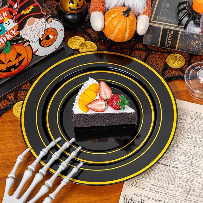 WDF 200PCS Black and Gold Plastic Plates - Black Plates Disposable for Party - Heavy Duty Plastic Plate for Halloween/New Year